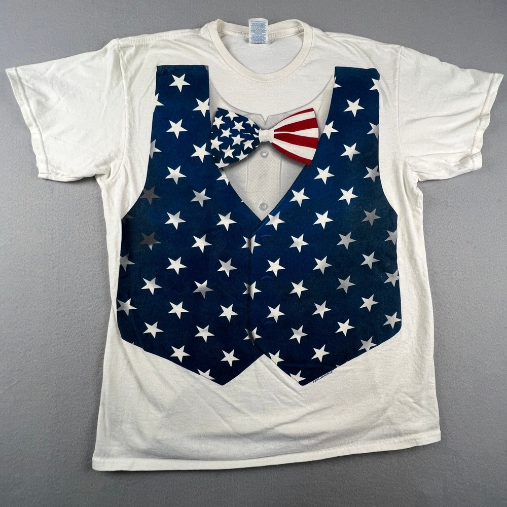 Liquid Blue T-Shirt Mens Large USA Flag Tuxedo Vest White Bow Tie Patriotic 4th